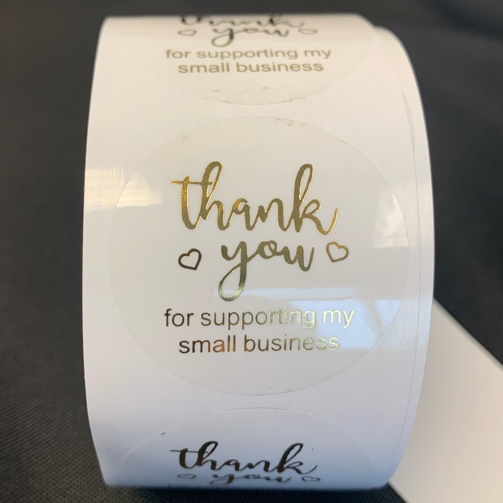 Thank You Supporting Business Sticker Label 500 on roll. Clear & Gold Foil 1.5”